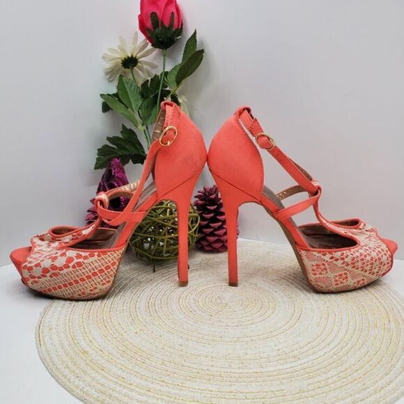🔥4/$25 QUPID CORAL & WHITE LACE PEEP TOE STILETTOS ANKLE T-STRAP HEELS - Picture 1 of 7